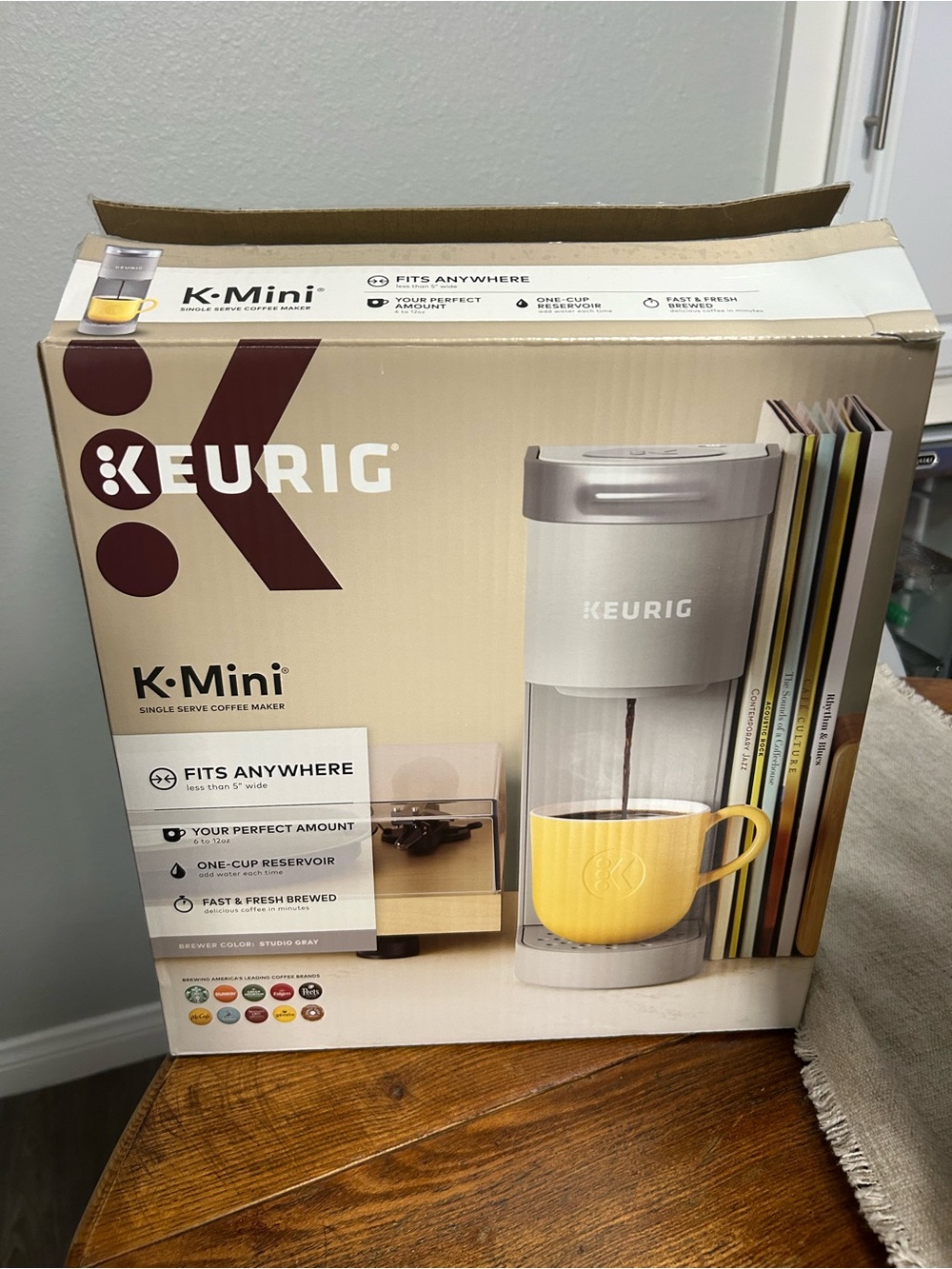 Brand new Keurig K-Mini Single Serve Coffee Maker Box with Yellow Mug Artwork
